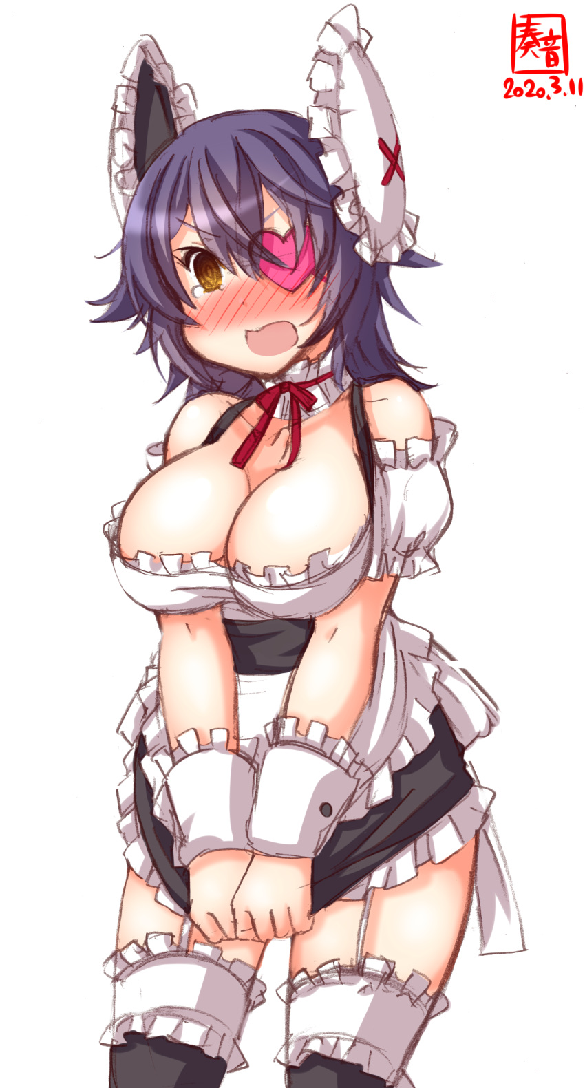 1girl absurdres alternate_costume apron artist_logo black_legwear breasts cleavage commentary_request dated enmaided eyepatch frilled_apron frilled_legwear frilled_shirt frills garter_straps headgear heart heart_eyepatch highres kanon_(kurogane_knights) kantai_collection large_breasts maid purple_hair revision shirt short_hair simple_background solo tenryuu_(kantai_collection) white_apron white_background wrist_cuffs yellow_eyes