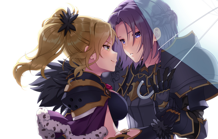 2girls absurdres bangs blonde_hair blue_eyes blush braid breastplate capelet christina_morgan closed_mouth eye_contact fur-trimmed_capelet fur_trim gauntlets hair_between_eyes hair_ornament highres ichiren_namiro long_hair looking_at_another multiple_girls parted_bangs parted_lips pauldrons princess_connect! princess_connect!_re:dive profile purple_capelet purple_hair shirogane_jun simple_background smile transparent transparent_umbrella umbrella upper_body white_background wrist_grab yellow_eyes