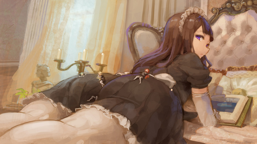4girls :t ass bed book brown_hair commentary_request elbow_gloves from_behind gloves kazo long_hair looking_back lying minigirl multiple_girls on_back original purple_eyes size_difference thighhighs white_gloves white_legwear white_white