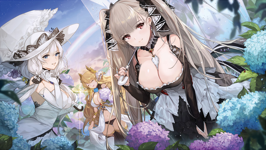 3girls azur_lane bangs bare_shoulders between_breasts black_dress blonde_hair blue_eyes blue_sky blush breasts cleavage cloud cropped day dress earrings elbow_gloves eyebrows_visible_through_hair flower flowerchorus formidable_(azur_lane) frilled_dress frills gloves grey_hair hair_ornament hair_ribbon hat highres illustrious_(azur_lane) jewelry lace_trim large_breasts laurel_crown leaning_forward long_hair long_sleeves looking_at_viewer mole mole_under_eye multiple_girls navel non-web_source official_art open_mouth outdoors rainbow red_eyes ribbon sky smile strapless strapless_dress sun_hat twintails very_long_hair victorious_(azur_lane) white_dress white_gloves white_hair white_headwear