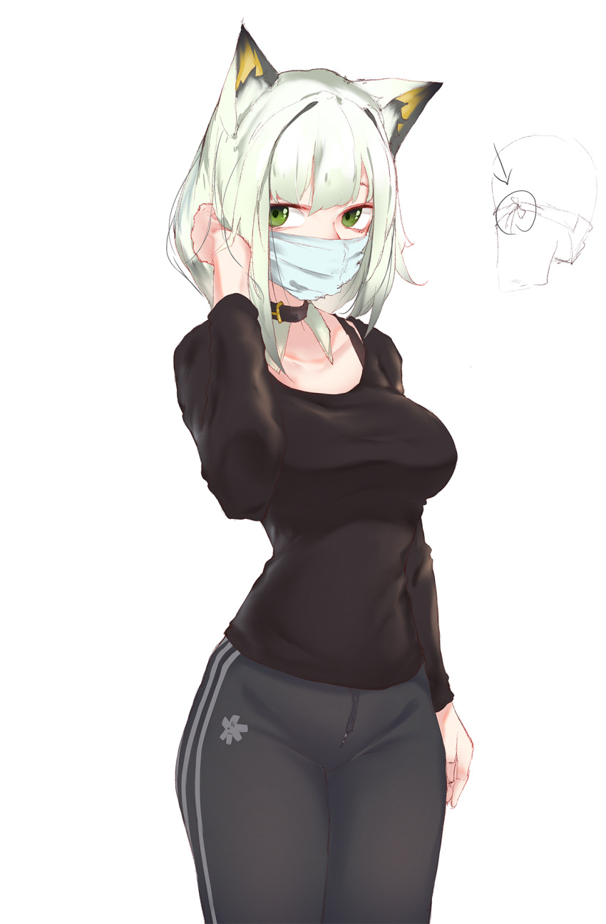 1girl animal_ear_fluff animal_ears arknights bangs black_collar black_pants black_shirt breasts casual collar green_eyes green_hair hand_up highres inniyik kal'tsit looking_at_viewer mask medium_breasts mouth_mask pants shirt simple_background solo surgical_mask sweatpants white_background