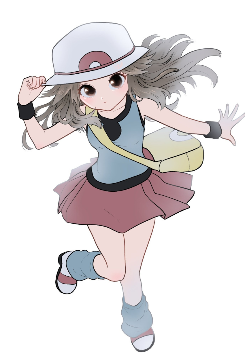 1girl bag blue_(pokemon) breasts brown_hair closed_mouth hat highres long_hair looking_at_viewer messenger_bag minapo pokemon pokemon_(game) pokemon_frlg porkpie_hat red_skirt shirt shoulder_bag simple_background skirt sleeveless sleeveless_shirt solo white_background