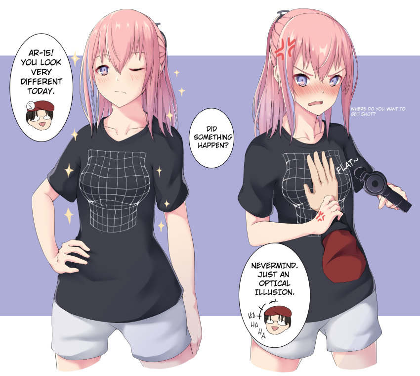 1boy 1girl absurdres angry ar-15 beret black_shirt breast_grab closed_eyes commander_(girls_frontline) english_text girls_frontline glasses grabbing gun hat highres illusion magatsuizanagi000 pink_hair rifle shirt shorts smile speech_bubble st_ar-15_(girls_frontline) t-shirt weapon