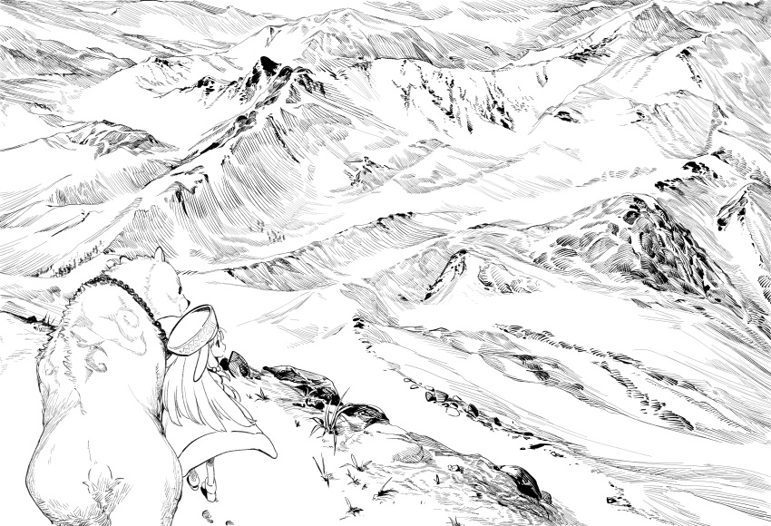 1girl bear cape fate/grand_order fate_(series) footprints from_behind hat highres long_hair monochrome mountain qmiqun scenery shirou_(fate/grand_order) sitonai smile