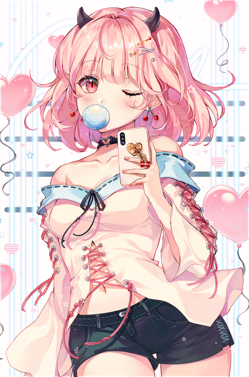 1girl balloon bare_shoulders belly_peek black_shorts breasts bubble_blowing cellphone center_opening choker collarbone cowboy_shot earrings hair_ornament hairclip heart highres holding horns jewelry long_sleeves looking_at_viewer medium_breasts medium_hair navel off-shoulder_shirt off_shoulder one_eye_closed original phone pink_eyes pink_hair shirt short_shorts shorts smartphone solo ttosom white_shirt wide_sleeves