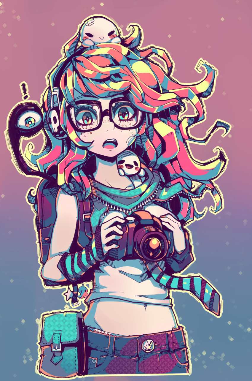 1girl absurdres backpack bag black-framed_eyewear collarbone crop_top denim eyebrows_visible_through_hair freckles glasses highres jeans kaz_asteri long_hair looking_at_viewer navel negative_frames open_mouth pants parororo rectangular_eyewear red_hair solo very_long_hair wavy_hair