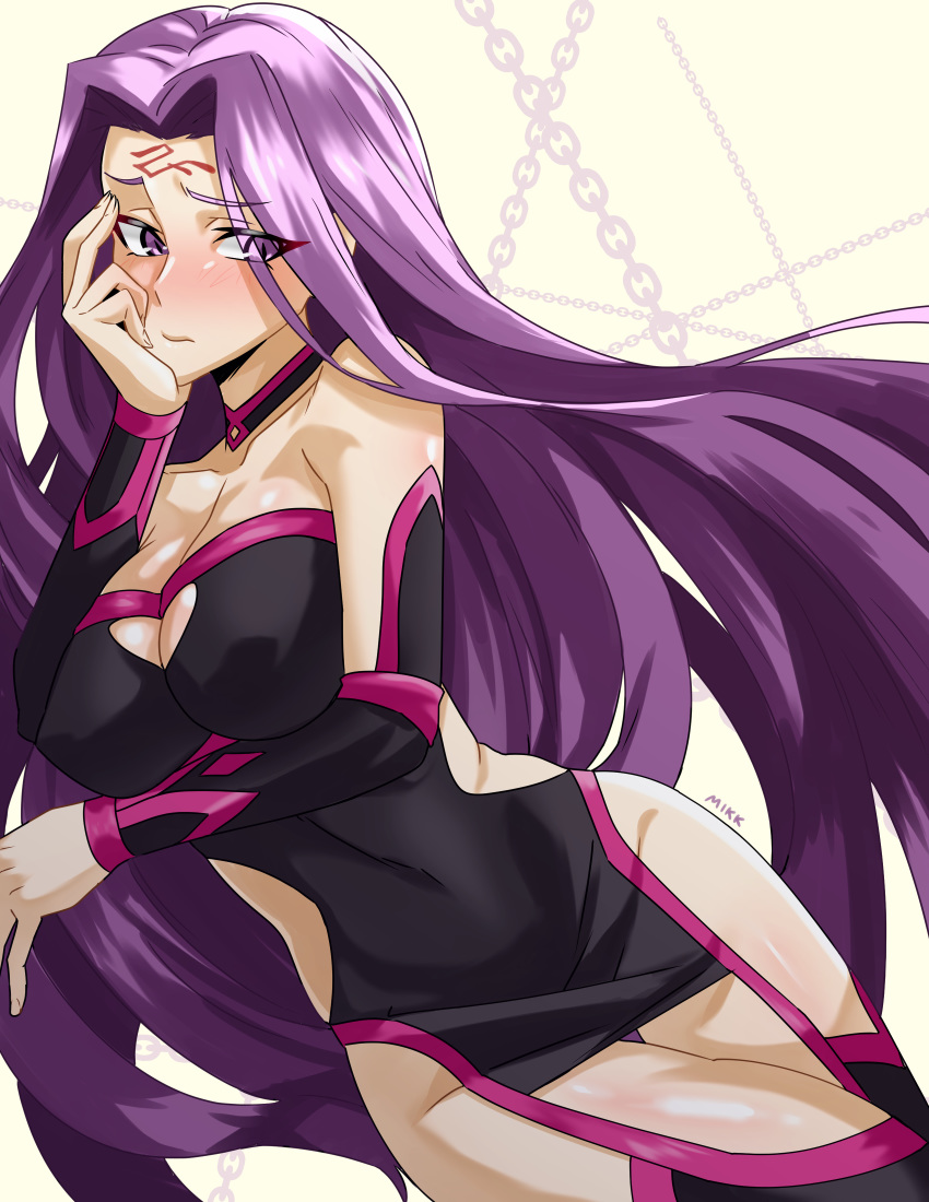 1girl absurdres bangs bare_shoulders black_dress blush boots breasts chain cleavage closed_mouth collarbone covered_navel detached_collar dress facial_mark fate/stay_night fate_(series) forehead forehead_mark highres ishmaiah_dado large_breasts long_hair looking_at_viewer parted_bangs purple_eyes purple_hair rider short_dress simple_background solo thigh_boots thighhighs thighs very_long_hair white_background