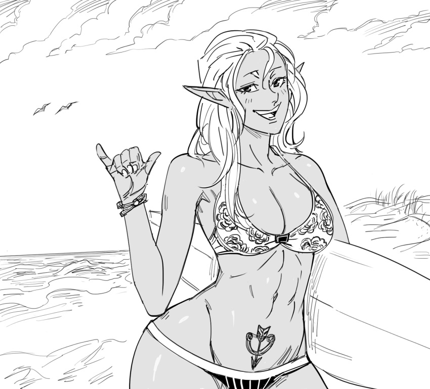 1girl :d bare_shoulders bb_(baalbuddy) bikini bird blush bracelet breasts cleavage cloud contrapposto cowboy_shot dark_elf day elf fingernails greyscale highres holding_surfboard horizon jewelry long_hair looking_at_viewer mismatched_bikini monochrome ocean open_mouth original outdoors pinky_out pointy_ears pubic_tattoo shaka_sign smile solo standing surfboard swimsuit tattoo