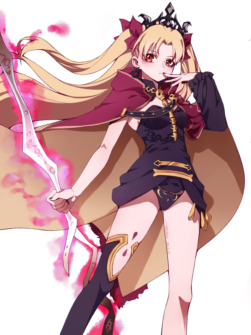 1girl asymmetrical_legwear asymmetrical_sleeves bangs between_breasts black_legwear black_leotard blonde_hair blush bow breasts cape closed_mouth detached_collar earrings ereshkigal_(fate/grand_order) fate/grand_order fate_(series) fur-trimmed_cape fur_trim gold_trim hair_bow highres hoop_earrings infinity jewelry leotard long_hair looking_at_viewer meslamtaea_(weapon) multicolored multicolored_cape multicolored_clothes necklace parted_bangs red_bow red_cape red_eyes single_sleeve single_thighhigh skull solo spine tanako_(645316096) thighhighs thighs tiara two_side_up weapon white_background yellow_cape