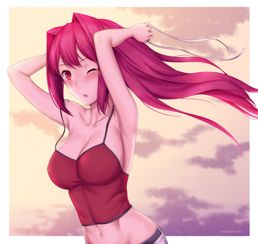 1girl ;o armpits arms_behind_head bangs bare_shoulders belt black_belt blush border breasts camisole capri_pants cleavage cloud collarbone commentary_request evening eyebrows_visible_through_hair hair_between_eyes hair_down hair_intakes hair_ribbon highres holding holding_ribbon large_breasts long_hair looking_at_viewer midriff navel off_shoulder one_eye_closed orange_sky pants red_camisole ribbon sky solo soukitsu twitter_username under_night_in-birth untied upper_body white_border white_pants white_ribbon yuzuriha_(under_night_in-birth)