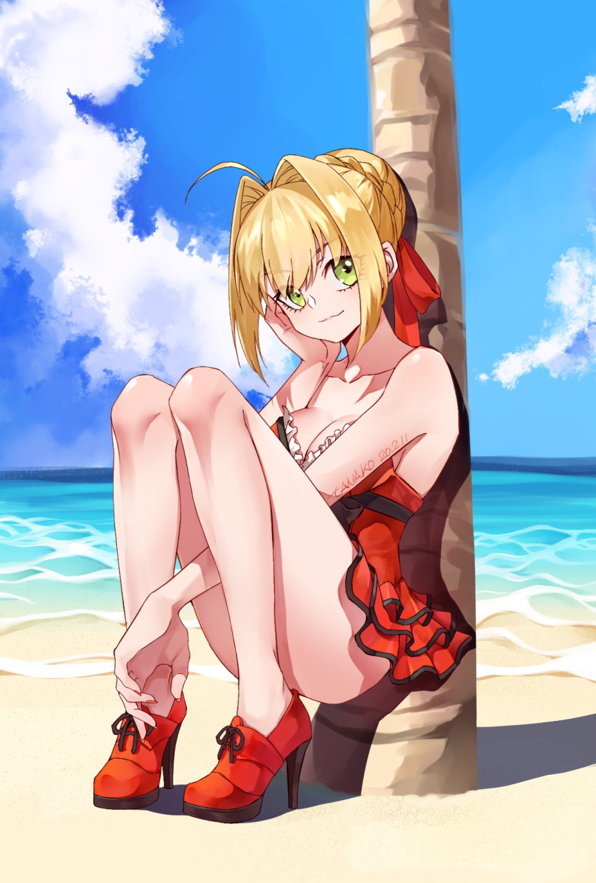 1girl ahoge bangs bare_shoulders beach blonde_hair blue_sky blush braid breasts cleavage closed_mouth collarbone dress dress_swimsuit fate/grand_order fate_(series) french_braid green_eyes hair_bun hair_intakes hair_ribbon high_heels highres knees_up large_breasts legs long_hair looking_at_viewer nero_claudius_(fate)_(all) nero_claudius_(swimsuit_caster)_(fate) ocean palm_tree red_dress red_footwear red_ribbon ribbon sitting sky smile solo tanako_(645316096) tree