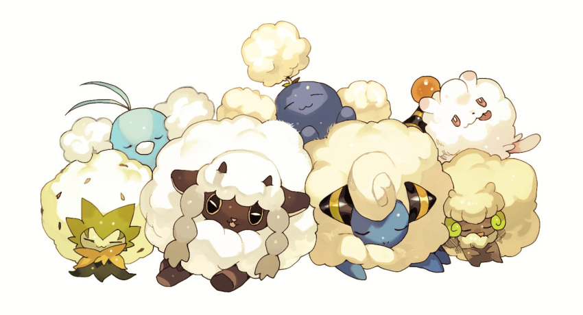 eldegoss gen_2_pokemon gen_3_pokemon gen_7_pokemon gen_8_pokemon horns mareep newo_(shinra-p) pokemon pokemon_(creature) sheep sheep_horns sleeping smile swablu swirlix wooloo