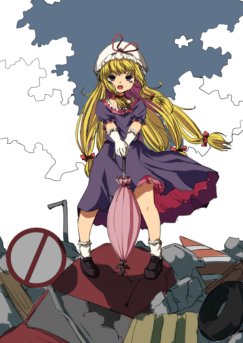 1girl absurdres blonde_hair bow choker closed_umbrella dress flat_chest gloves hair_bow hat highres kill_la_kill kourou_(kouroukun) loafers long_dress long_hair low-tied_long_hair mob_cap open_mouth parasol parody petticoat pigeon-toed planted_umbrella purple_dress purple_eyes red_bow ribbon_choker shoes short_sleeves socks solo touhou umbrella white_gloves wind wind_lift yakumo_yukari younger