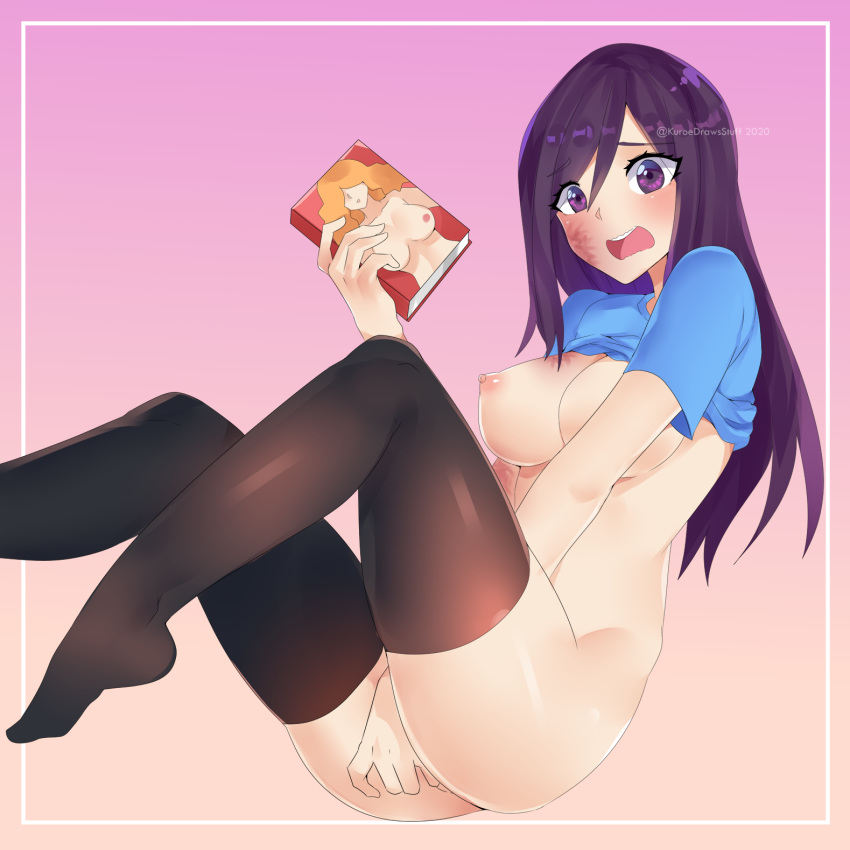 1girl bangs between_legs black_legwear blue_shirt book border bottomless breasts burn_scar caught commentary english_commentary eyebrows_visible_through_hair eyes_visible_through_hair foot_out_of_frame gradient gradient_background hand_between_legs highres holding holding_book ikezawa_hanako katawa_shoujo kuroeart large_breasts long_hair looking_at_viewer masturbation nipples open_mouth pink_background pornography purple_eyes purple_hair scar shirt shirt_lift short_sleeves simple_background solo thighhighs twitter_username watermark wavy_mouth