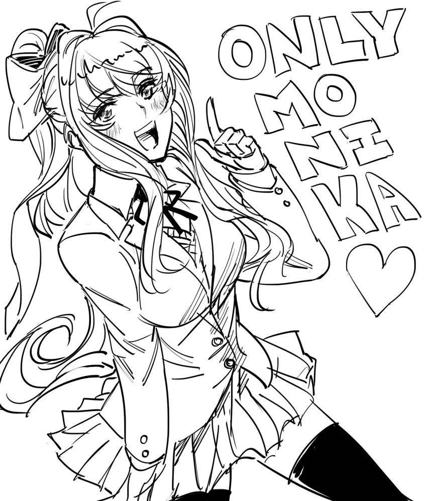 1girl :d ahoge bb_(baalbuddy) blush bow catchphrase character_name collared_shirt cowboy_shot doki_doki_literature_club english_text greyscale hair_bow hand_up heart highres index_finger_raised long_hair long_sleeves looking_at_viewer monika_(doki_doki_literature_club) monochrome neck_ribbon open_mouth pleated_skirt ponytail ribbon shirt sidelocks simple_background skirt smile solo thighhighs vest white_background wing_collar