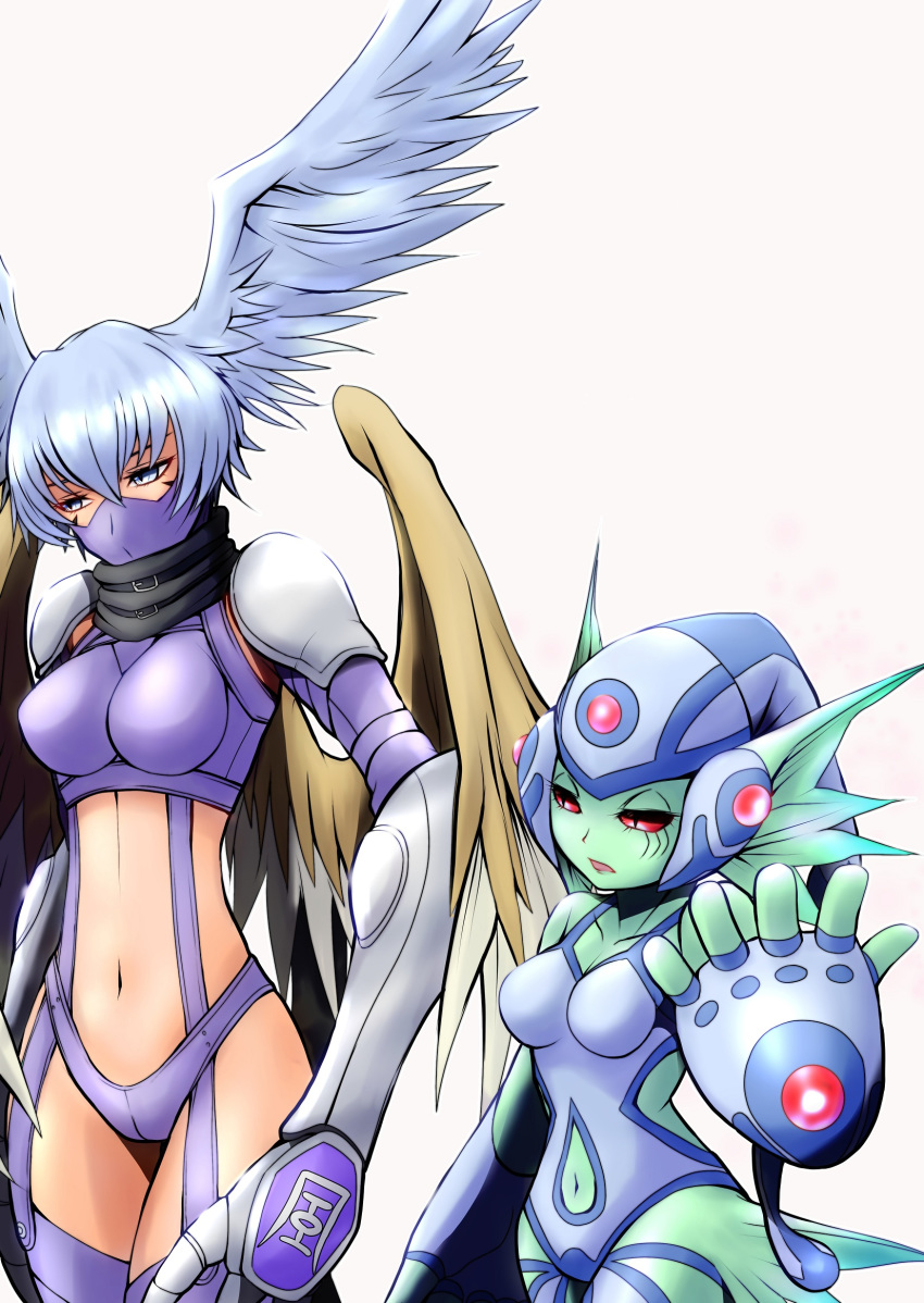 2girls bangs belt_collar bikini black_scarf blue_eyes blue_gloves blue_hair blue_headwear blue_leotard breasts claws collar collarbone commentary_request covered_mouth cowboy_shot detached_collar detached_leggings digimon elbow_gloves eyebrows_behind_hair facial_mark feathered_wings fingerless_gloves fins garter_straps gauntlets glint gloves green_skin hair_between_eyes hair_wings height_difference highres large_breasts leotard looking_to_the_side mask medium_breasts midriff mitosupa_(qsiqydfz7nesh9w) mouth_mask multiple_girls navel navel_cutout open_mouth purple_bikini purple_footwear ranamon red_sclera scarf shoulder_pads shutumon side_cutout sidelocks simple_background swimsuit thigh_gap thighhighs white_background wings