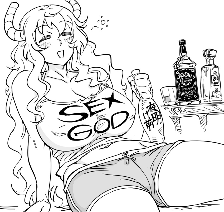 1girl :d =_= bare_shoulders bb_(baalbuddy) bottle boyshorts breasts cleavage closed_eyes clothes_writing dragon_horns drunk fuck-me_shirt greyscale highres holding horns huge_breasts kobayashi-san_chi_no_maidragon long_hair meme_attire monochrome open_mouth quetzalcoatl_(maidragon) sake_bottle simple_background sitting smile solo tank_top white_background