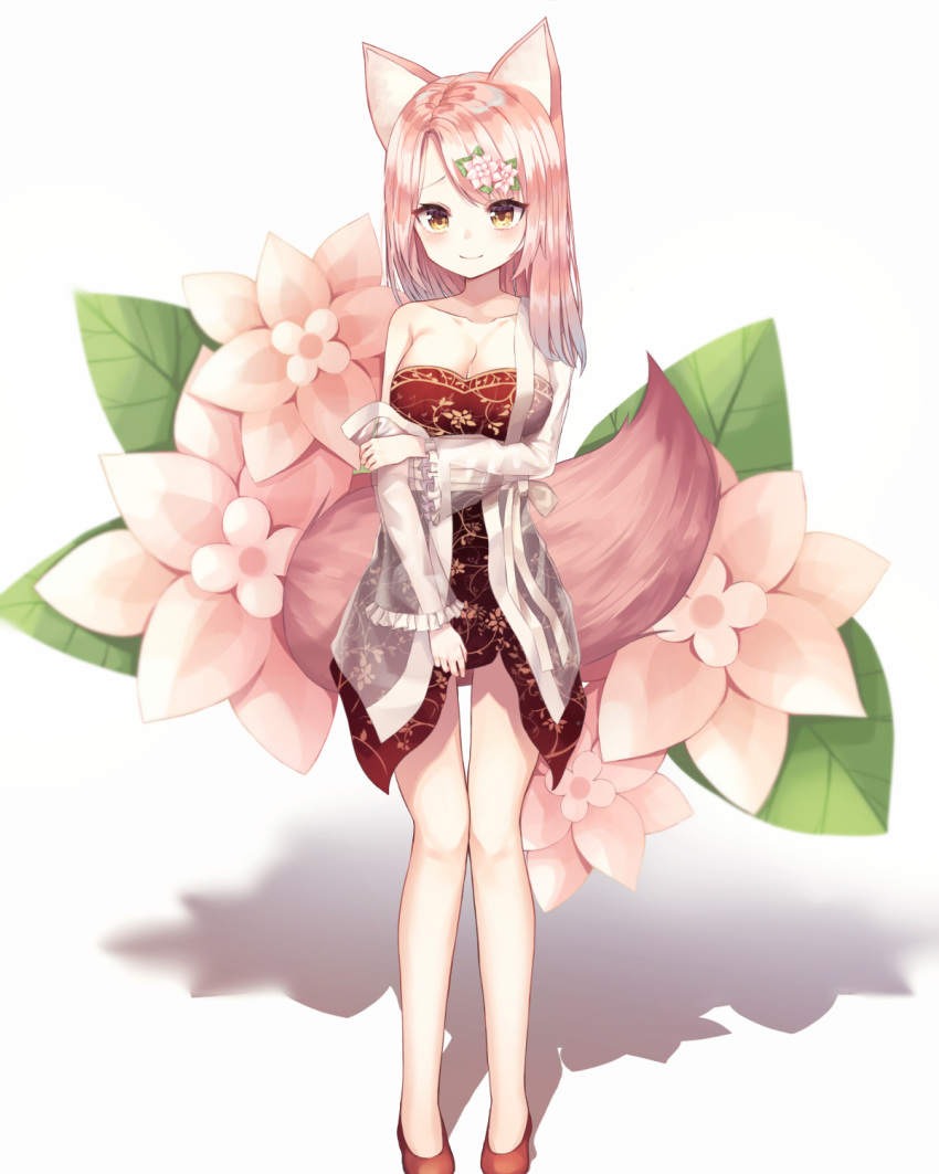 1girl animal_ears bangs bare_shoulders blush breasts brown_eyes brown_footwear cleavage closed_mouth collarbone commentary_request dress eyebrows_visible_through_hair flower fox_ears fox_girl fox_tail frilled_sleeves frills full_body hair_flower hair_ornament highres jacket long_hair long_sleeves looking_at_viewer medium_breasts open_clothes open_jacket parted_bangs pink_flower pink_hair red_dress see-through shadow shiro_(acad1213) shoes smile solo standing strapless strapless_dress tail talesshop white_background wide_sleeves