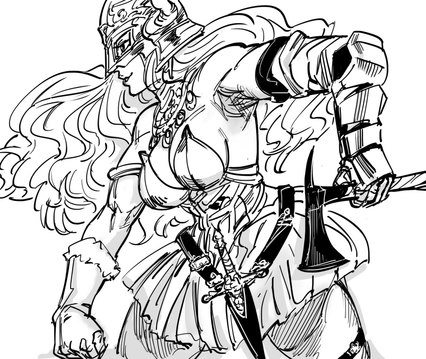 1girl bb_(baalbuddy) belt berserker_(tactics_ogre) big_hair breasts cowboy_shot dagger elbow_gloves floating_hair from_side gauntlets gloves greyscale hatchet helmet highres holding horned_helmet medium_breasts monochrome profile simple_background skirt smile solo tactics_ogre weapon white_background