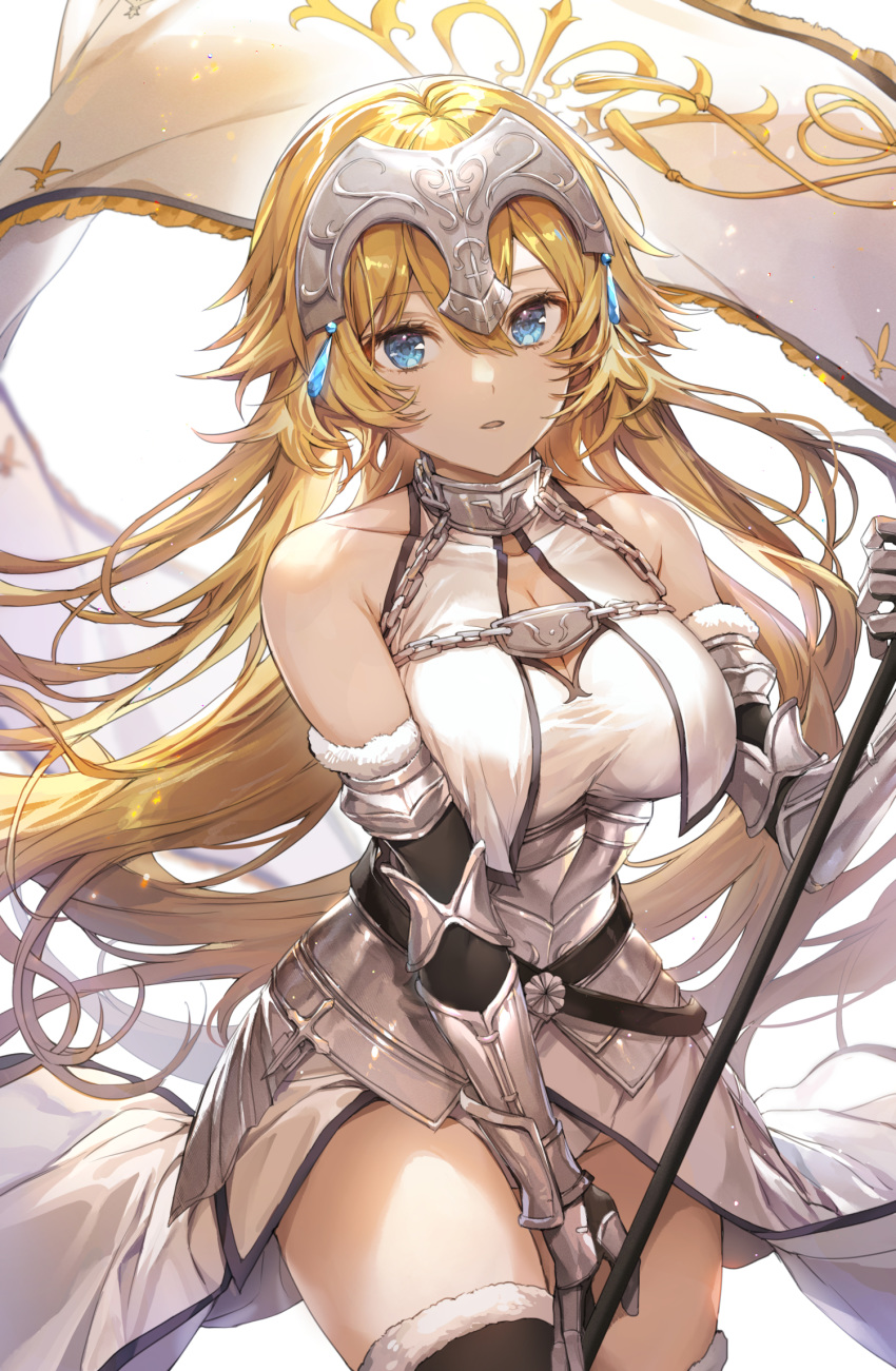 1girl armor armpit_crease bare_shoulders battle_standard black_gloves blonde_hair blue_eyes blurry breasts chain cleavage collar collarbone cowboy_shot dress elbow_gloves fate/grand_order fate_(series) flag fur_trim gauntlets gloves headgear highres holding jeanne_d'arc_(fate) jeanne_d'arc_(fate)_(all) large_breasts long_hair looking_at_viewer parted_lips pillo simple_background sleeveless sleeveless_dress solo thighhighs thighs very_long_hair white_background white_dress