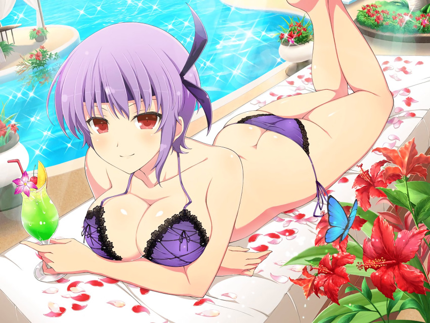 1girl ass ayane_(doa) bangs bare_arms bare_shoulders bikini blush breasts bug butterfly cleavage cocktail day dead_or_alive dead_or_alive_xtreme feet_up flower glint hairband headband highres holding_drink insect large_breasts legs_up looking_at_viewer lying official_art on_stomach outdoors petals pool poolside purple_bikini purple_hair red_eyes red_flower senran_kagura senran_kagura_new_link short_hair solo swimsuit the_pose yaegashi_nan