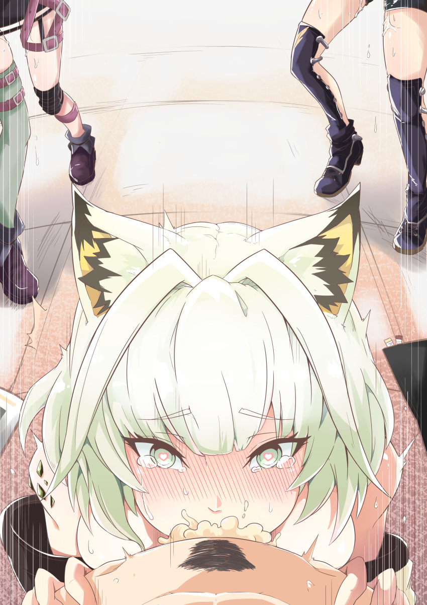 1boy 3girls absurdres animal_ear_fluff animal_ears arknights blush character_request cum cum_in_mouth deepthroat dripping fellatio green_eyes green_hair heart heart-shaped_pupils highres kal'tsit looking_at_viewer multiple_girls oral penis symbol-shaped_pupils xia_wanzi
