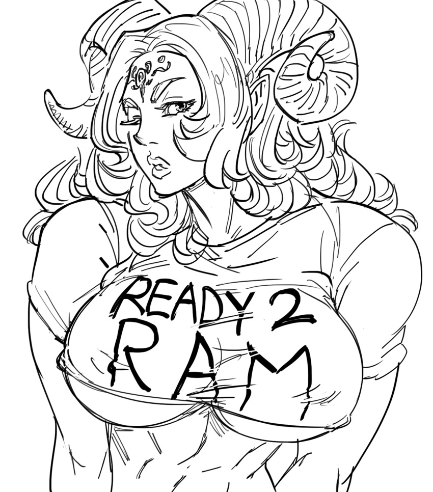 1girl bb_(baalbuddy) breasts clothes_writing covered_nipples cropped_shirt curled_horns curly_hair facial_mark forehead_mark fuck-me_shirt greyscale highres horns long_hair looking_at_viewer meme_attire monochrome muscle muscular_female one_eye_closed original parted_lips sheep_girl sheep_horns short_sleeves simple_background solo underboob upper_body white_background