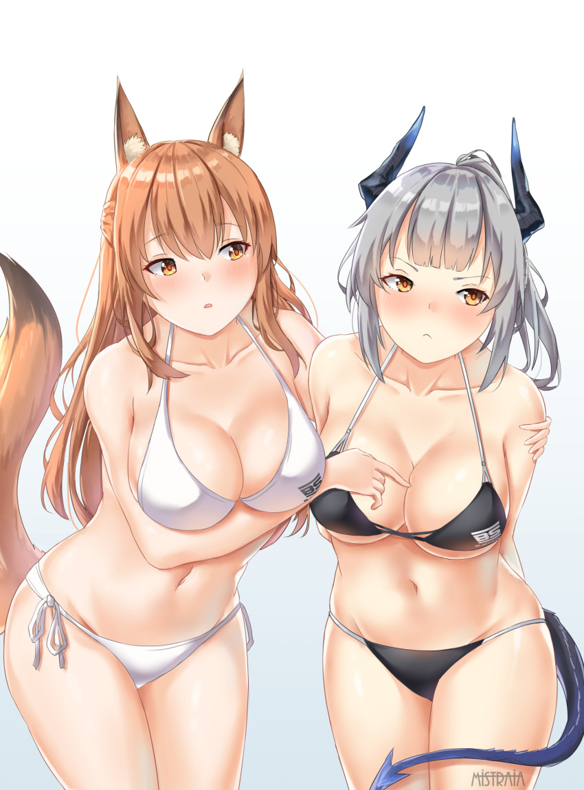 2girls absurdres animal_ear_fluff animal_ears arknights arms_behind_back artist_name bangs bare_shoulders bikini black_bikini blush breast_hold breasts brown_eyes brown_hair cleavage commentary cowboy_shot english_commentary eyebrows_visible_through_hair fox_ears fox_tail franka_(arknights) gradient gradient_background grey_background grey_hair groin hair_between_eyes halterneck highres horns large_breasts liskarm_(arknights) long_hair looking_at_another mistraia multiple_girls navel parted_lips side-tie_bikini standing stomach swimsuit tail thighs white_background white_bikini