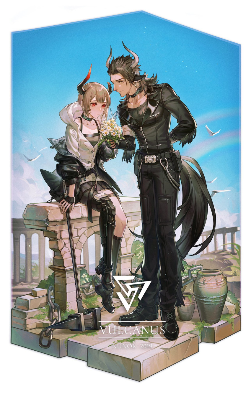 1boy 1girl arknights artist_name bouquet bull_horns cow_tail english_text flower highres hood hoodie jacket leather leather_jacket matterhorn_(arknights) mechanical_leg nunoooook shoes short_hair smile socks tail vulcan_(arknights) war_hammer weapon