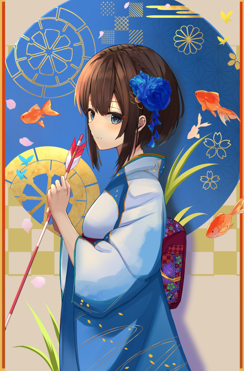 1girl 2020 arrow bangs belt blue_eyes blue_flower blue_kimono bob_cut brown_hair chinese_zodiac commentary cowboy_shot fish flower foliage from_side goldfish hair_flower hair_ornament hamaya highres holding_arrow japanese_clothes kimono light_blush light_smile looking_at_viewer looking_to_the_side new_year obi original patterned_background red_belt sash short_hair sidelocks solo sorami_sachi year_of_the_rat