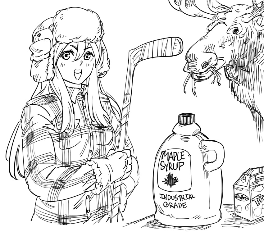 1girl :d bb_(baalbuddy) canada fur_hat gloves greyscale hat highres hockey_stick holding leaf long_hair looking_at_viewer maple_leaf monochrome moose open_mouth plaid_jacket racoona_sheldon sekaiju_no_meikyuu shin_sekaiju_no_meikyuu simple_background smile solo ushanka white_background