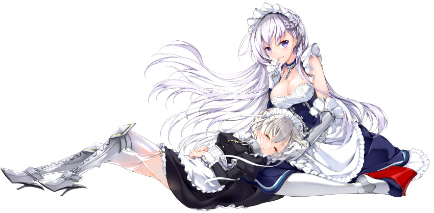 2girls absurdres apron azur_lane bangs belfast_(azur_lane) black_dress blonde_hair blue_eyes blush boots border braid breasts chain cleavage closed_eyes collar collarbone commentary_request cross dress eyebrows_visible_through_hair finger_to_mouth floating_hair french_braid frilled_gloves frills garter_straps gauntlets gloves hair_between_eyes hair_over_one_eye hands_together high_heel_boots high_heels highres juna knee_boots kneehighs knees_up lap_pillow large_breasts long_hair long_sleeves looking_at_viewer lying maid maid_headdress medium_breasts multiple_girls rudder_footwear sheffield_(azur_lane) short_hair shushing sidelocks silver_hair simple_background sitting sleeping smile thighhighs thighs wariza white_apron white_background white_gloves white_legwear