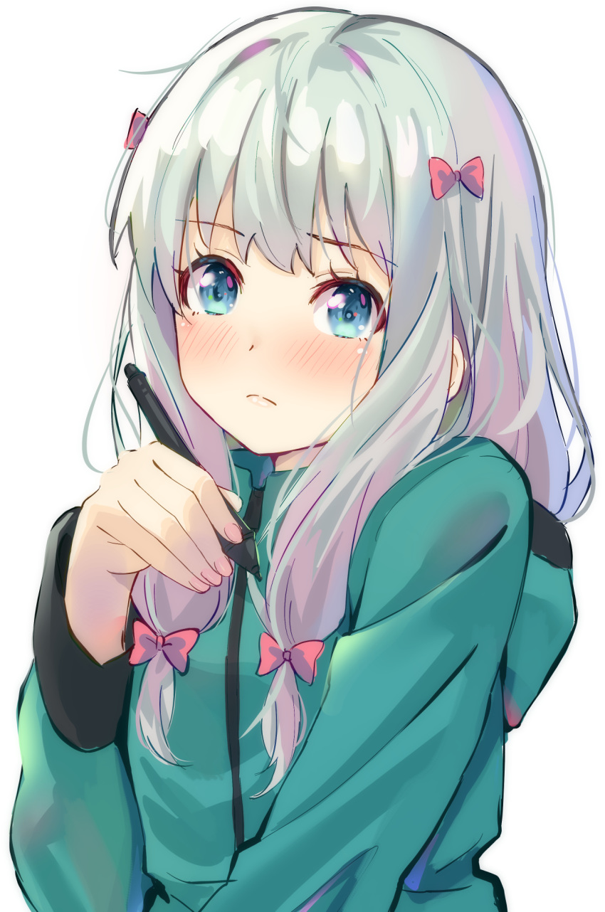 1girl aqua_jacket bangs blue_eyes blush bow closed_mouth commentary_request eromanga_sensei eyebrows_visible_through_hair fingernails frown hair_bow highres hofumaso holding holding_stylus izumi_sagiri jacket long_hair long_sleeves nail_polish pink_bow pink_nails sidelocks silver_hair simple_background solo stylus track_jacket upper_body white_background