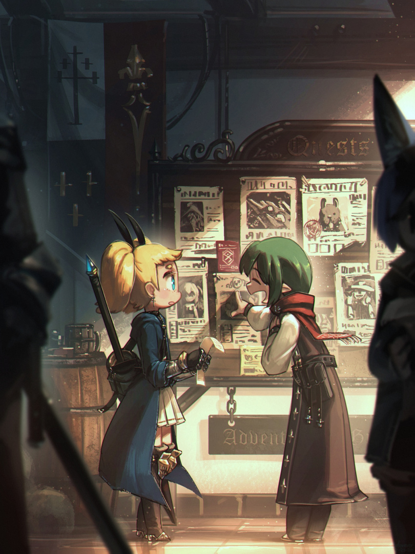 armor beer_mug blonde_hair blue_eyes boots bulletin_board coat gauntlets gloves green_hair highres holding indoors jewelry knee_boots long_hair multiple_girls original paper picture_(object) porforever poster_(object) pouch quest scarf short_hair skirt twintails wanted weapon