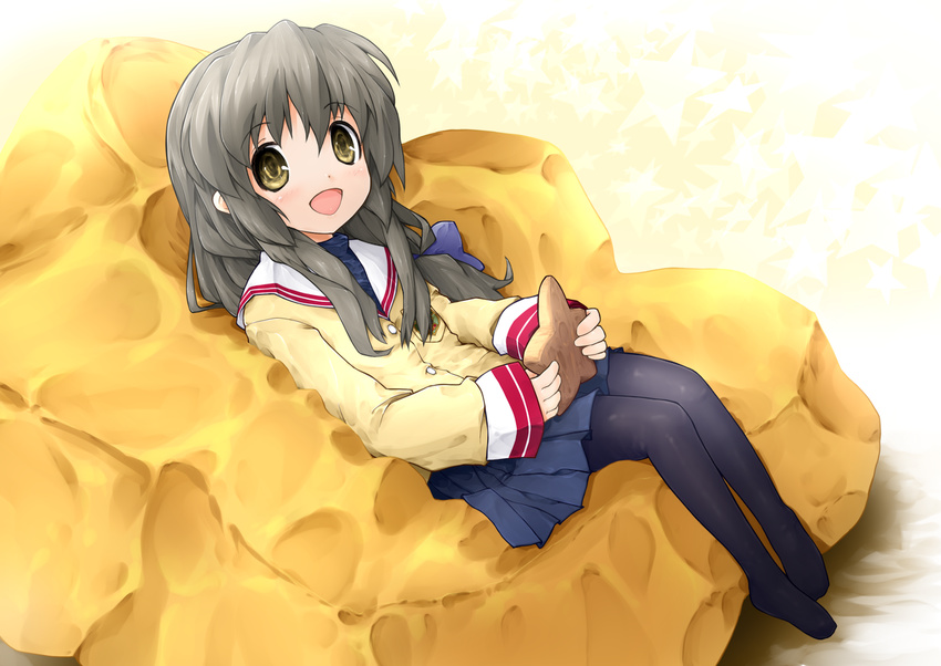 asterisk_(artist) black_hair brown_eyes clannad couch hikarizaka_private_high_school_uniform ibuki_fuuko long_hair pantyhose school_uniform solo starfish