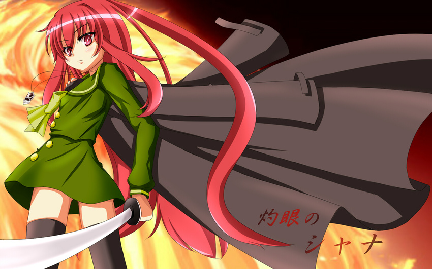 alastor_(shakugan_no_shana) flat_chest from_behind highres jewelry nekoringo pendant red_eyes red_hair school_uniform shakugan_no_shana shana thighhighs wallpaper zettai_ryouiki