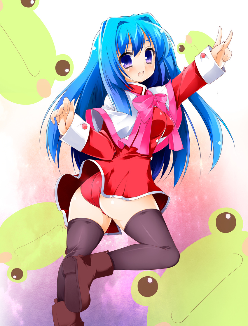 absurdres akikaze_tsumuji ass blue_eyes blue_hair blush boots breasts covered_nipples frog highres kanon long_hair looking_back medium_breasts minase_nayuki panties red_panties red_skirt ribbon skirt smile solo thighhighs underwear