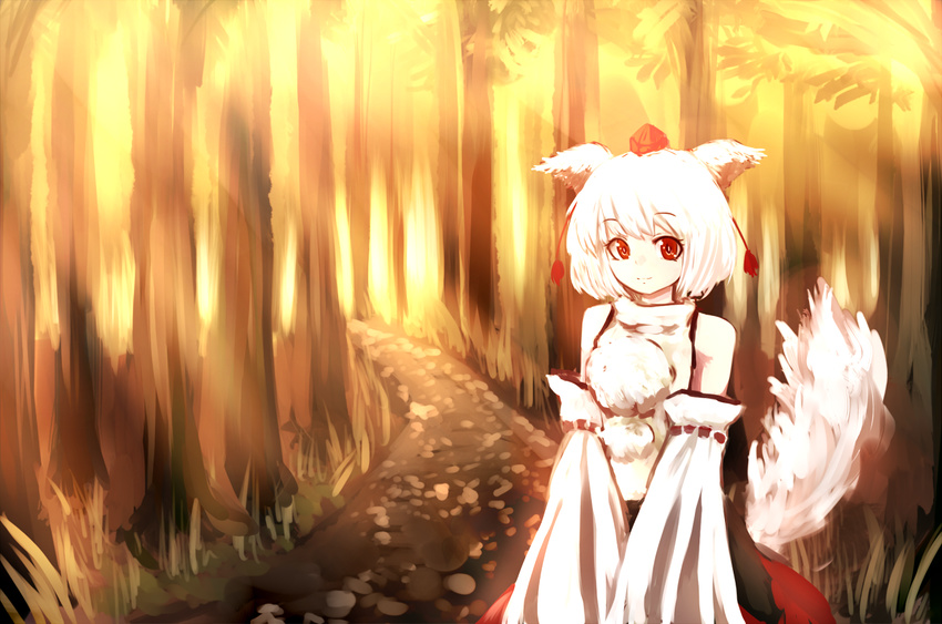 animal_ears bad_id bad_pixiv_id bare_shoulders detached_sleeves hal360 hat inubashiri_momiji red_eyes solo tail tokin_hat touhou white_hair wolf_ears wolf_tail