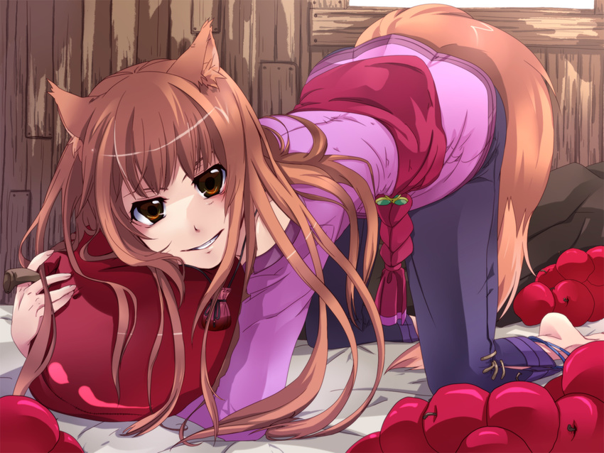 all_fours animal_ears anklet apple bad_id bad_pixiv_id barefoot brown_eyes brown_hair food fruit holo jewelry long_hair mazur pouch smile solo spice_and_wolf tail wolf_ears wolf_tail