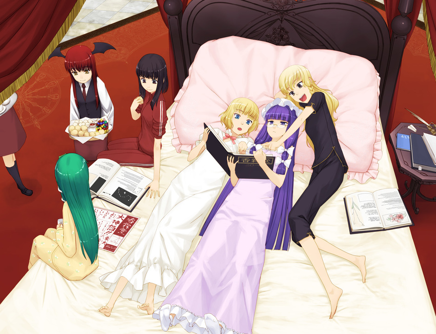 alice_margatroid alternate_costume alternate_hairstyle bangs barefoot bed bespectacled black_eyes black_hair blonde_hair blue_eyes blunt_bangs book brown_eyes chinese_clothes contemporary cup feet gahaku glasses green_hair hair_down hakurei_reimu head_wings highres kirisame_marisa koakuma kochiya_sanae lingerie long_hair mug multiple_girls negligee nightgown on_bed oversized_object pajamas patchouli_knowledge pillow pointing purple_eyes purple_hair red_hair scarlet_devil_mansion short_hair sitting sleepover sleeves_pushed_up smile socks touhou track_suit underwear white_legwear