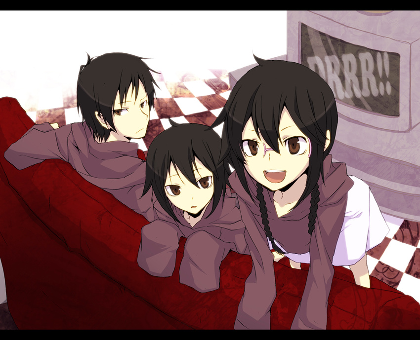 black_hair braids brown_eyes durarara! glasses group orihara_izaya orihara_kururi orihara_mairu short_hair skirt twins