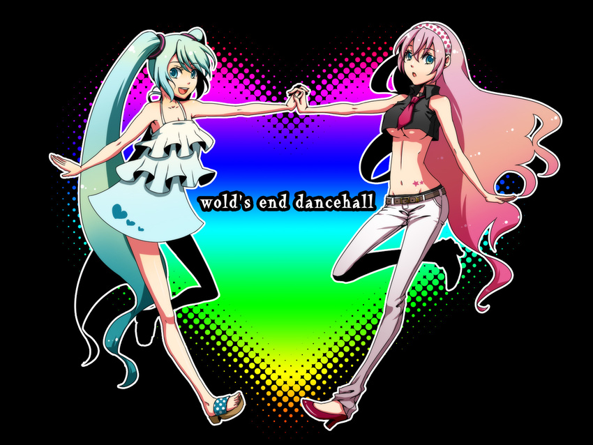 :o ancientstar aqua_eyes aqua_hair bad_id bad_pixiv_id bare_shoulders belt breasts crop_top denim dress groin hair_ornament hairband hatsune_miku heart high_heels highres holding_hands jeans legs long_hair long_legs medium_breasts megurine_luka midriff multiple_girls navel necktie open_mouth pants pink_hair platform_footwear polka_dot rainbow sandals shoes sleeveless smile standing standing_on_one_leg star symmetry twintails underboob very_long_hair vocaloid world's_end_dancehall_(vocaloid)