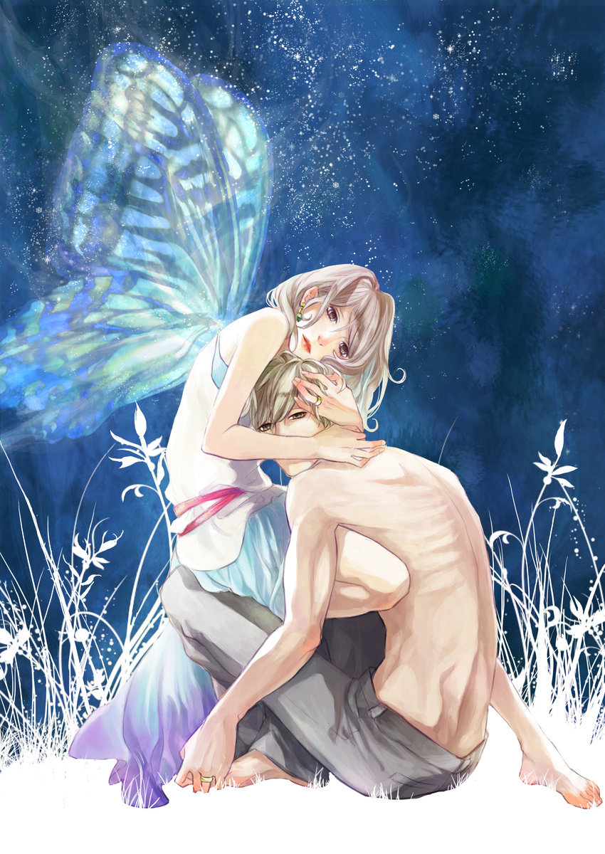 1girl absurdres bad_id bad_pixiv_id bare_shoulders barefoot butterfly_wings couple earrings grey_eyes head_hold hetero highres hug jewelry lips long_hair night night_sky ojyou original ring shirtless short_hair sitting skinny sky star_(sky) starry_sky wedding_band wings