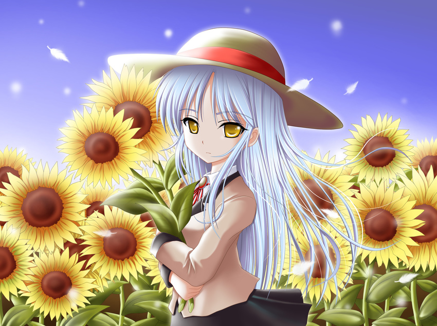 absurdres angel_beats! blazer blue_hair feathers flower hat highres jacket long_hair narurun_(final123) school_uniform solo sunflower tenshi_(angel_beats!) yellow_eyes