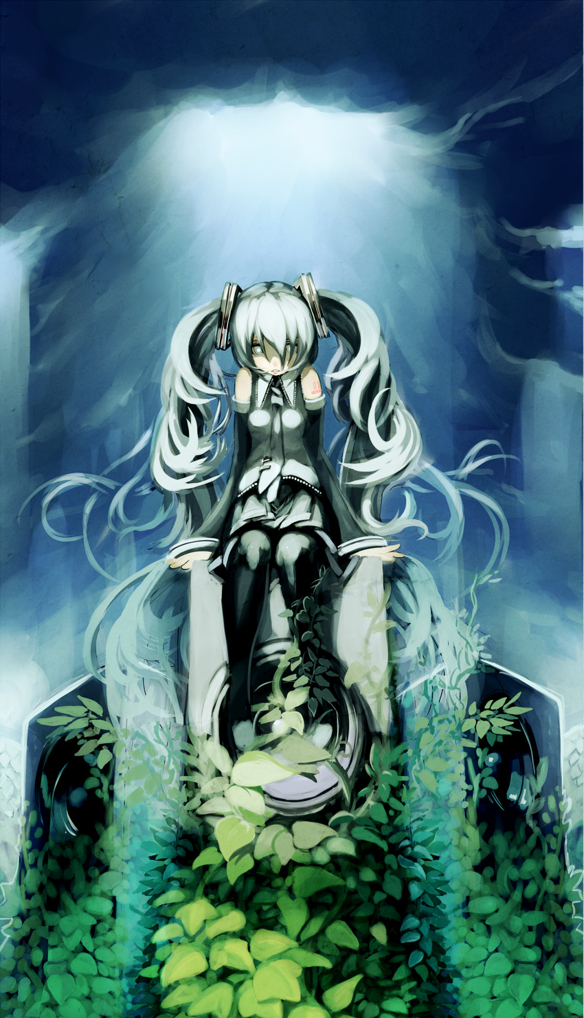bad_id bad_pixiv_id blue_eyes blue_hair detached_sleeves hatsune_miku highres kansou_samehada long_hair nature necktie sitting skirt solo speaker thighhighs twintails very_long_hair vocaloid