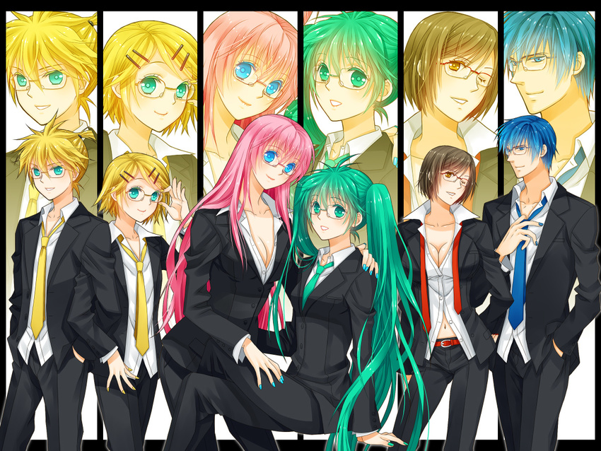 4girls aqua_eyes aqua_hair bad_id bad_pixiv_id bespectacled blonde_hair blue_eyes blue_hair breasts brown_hair cleavage column_lineup crossed_legs formal glasses hair_ornament hairclip hatsune_miku kagamine_len kagamine_rin kaito long_hair medium_breasts megurine_luka meiko multiple_boys multiple_girls navel necktie one_eye_closed pant_suit pink_hair short_hair sitting small_breasts smile suit twintails very_long_hair vocaloid yellow_eyes yuuno_(yukioka)