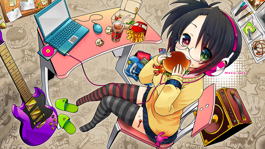 amplifier black_legwear cd computer eating food glasses guitar hamburger headphones heterochromia instrument kuromaru9 laptop mismatched_legwear original red_legwear slippers solo striped striped_legwear sweater thighhighs