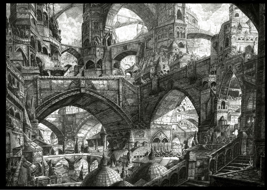 architecture bad_id bad_pixiv_id bridge city cityscape graphite_(medium) greyscale highres mita_mitauzo monochrome nib_pen_(medium) no_humans original scenery stairs traditional_media