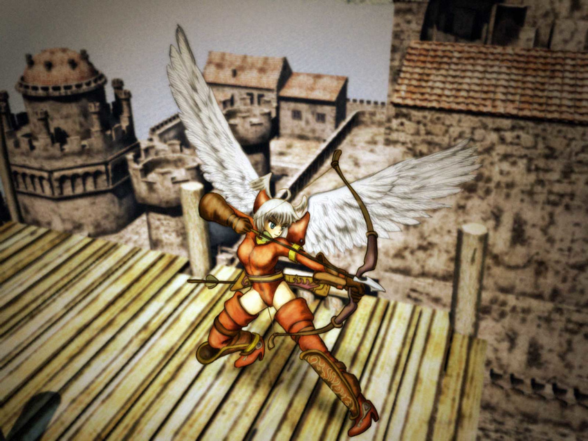 &gt;:) 3d ahoge aiming angel_wings archer_(fft) arm_strap armor arrow bangs belt blue_eyes boots bow_(weapon) castle elbow_gloves fighting_stance final_fantasy final_fantasy_tactics full_body gloves head_wings high_heel_boots high_heels highres holding holding_weapon legs_apart leotard light_smile looking_to_the_side loose_belt outdoors outstretched_arm quiver red_legwear rooftop shin_guards short_hair smile standing thigh_boots thigh_strap thighhighs ultima_(fft) v-shaped_eyebrows wallpaper weapon white_hair white_wings wings xabunta