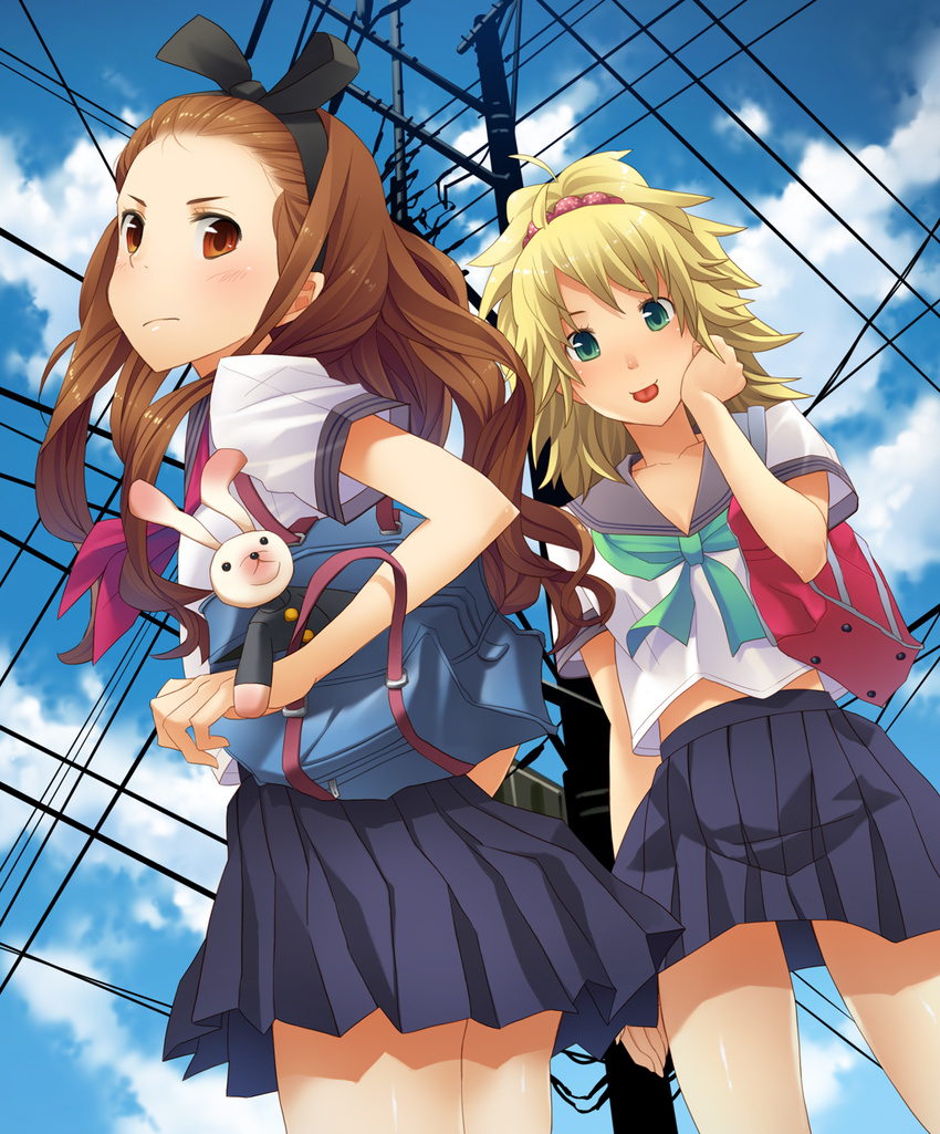 bad_id bad_pixiv_id bag blonde_hair brown_eyes brown_hair face from_below goe green_eyes hairband highres hoshii_miki idolmaster idolmaster_(classic) long_hair minase_iori multiple_girls power_lines